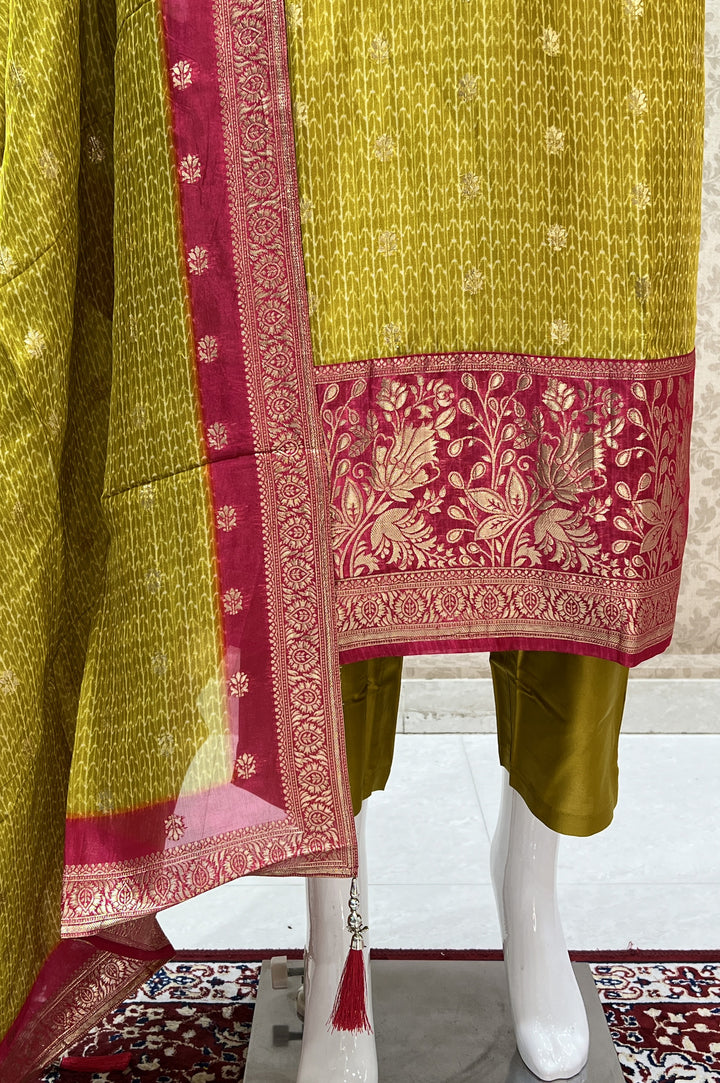 Lemon Green Banaras and Sequins work Organza Straight Cut Salwar Suit