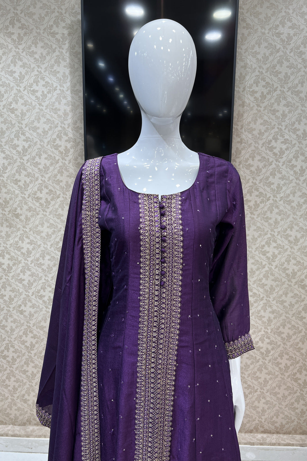 Purple Zari, Thread and Sequins work Anarkali Style Salwar Suit