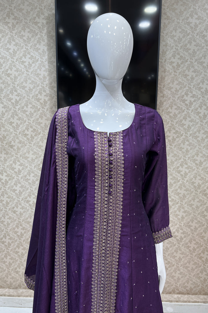 Purple Zari, Thread and Sequins work Anarkali Style Salwar Suit