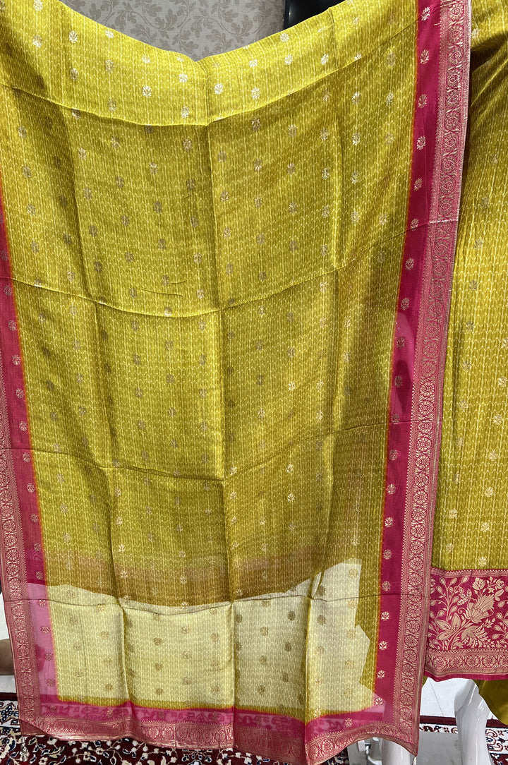 Lemon Green Banaras and Sequins work Organza Straight Cut Salwar Suit