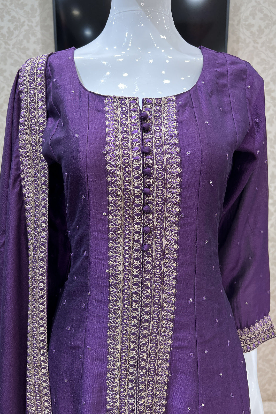 Purple Zari, Thread and Sequins work Anarkali Style Salwar Suit