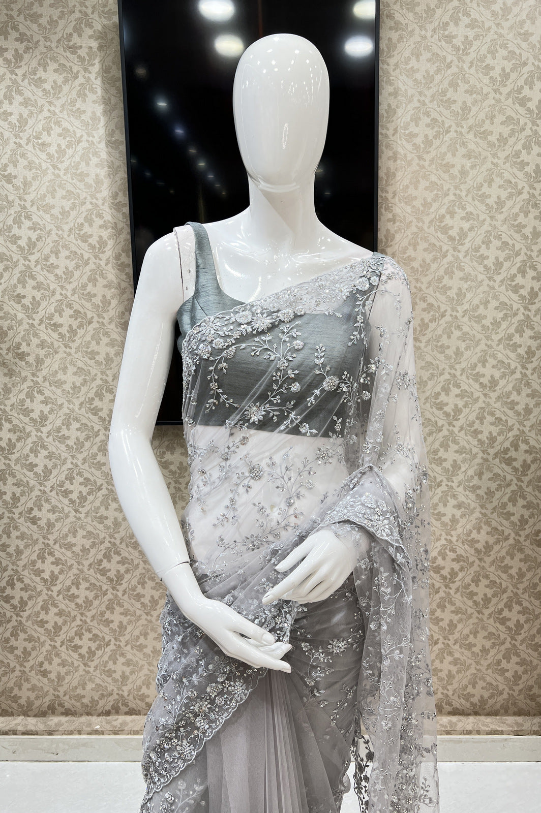 Grey Thread, Sequins and Stone work Saree with Matching Unstitched Blouse
