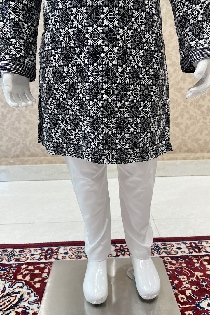 Black with White Lucknowi Thread work Kurta Set for Boys