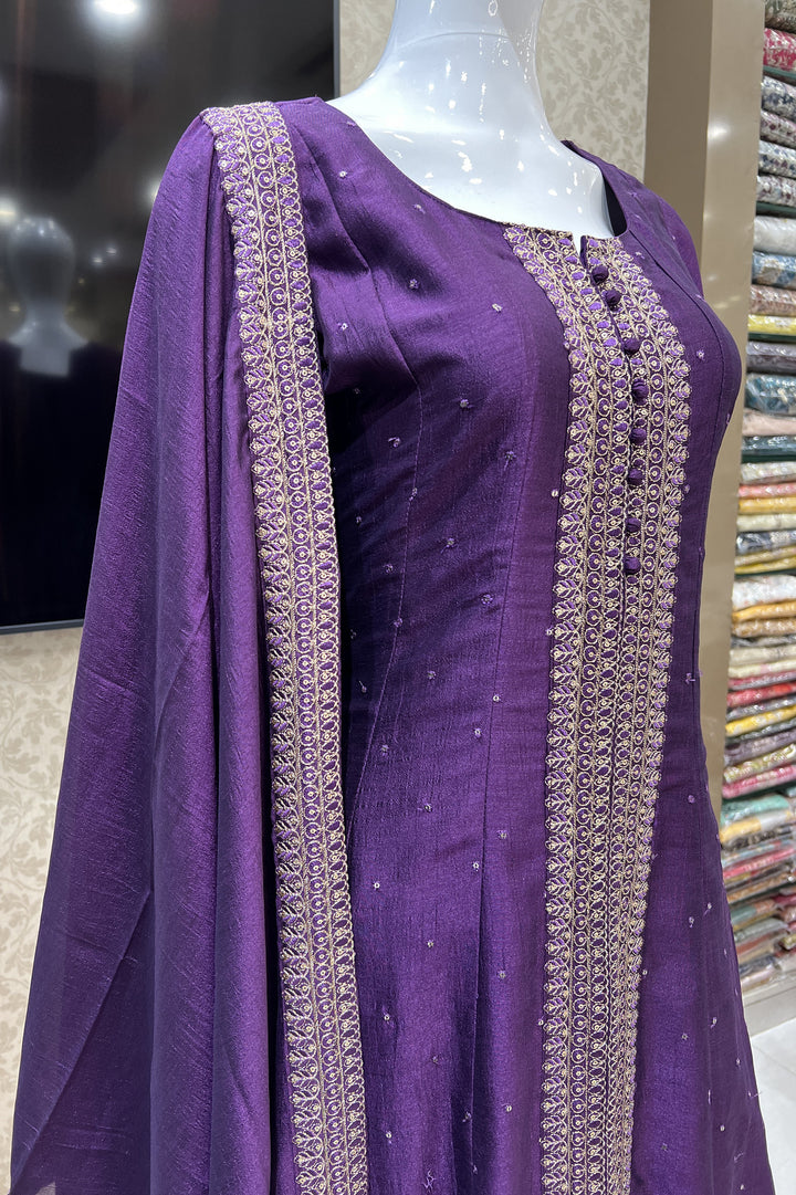 Purple Zari, Thread and Sequins work Anarkali Style Salwar Suit