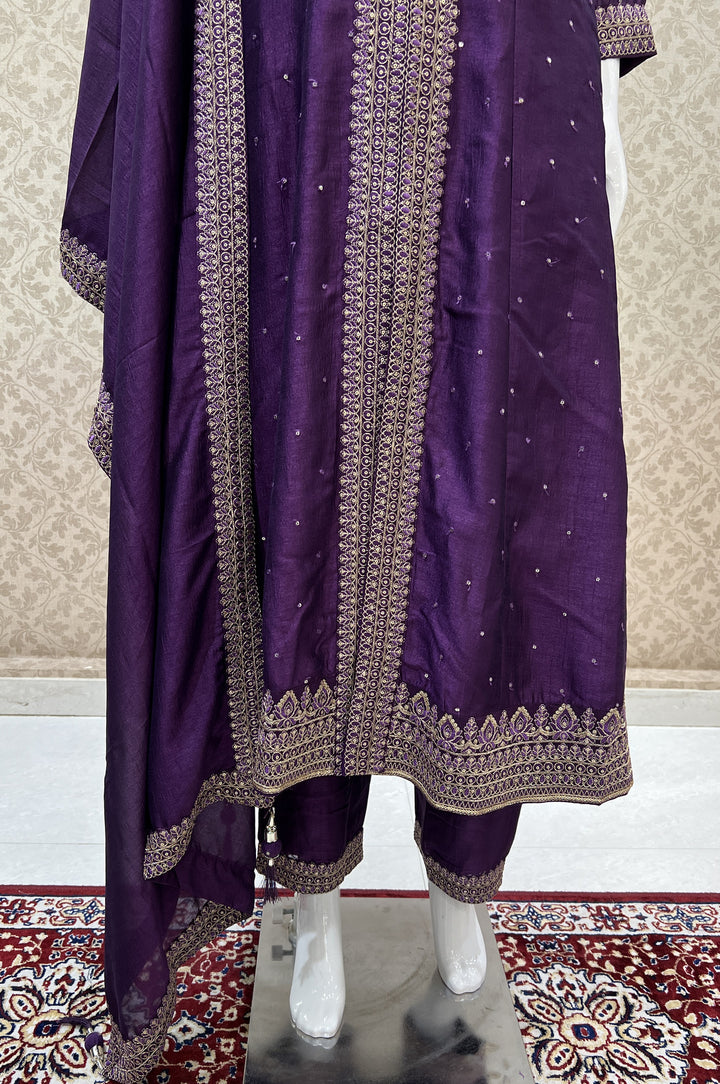 Purple Zari, Thread and Sequins work Anarkali Style Salwar Suit