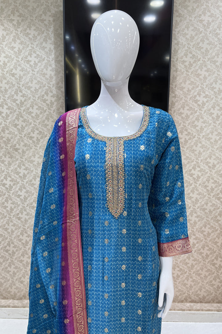 Indigo Blue Banaras and Sequins work Organza Straight Cut Salwar Suit