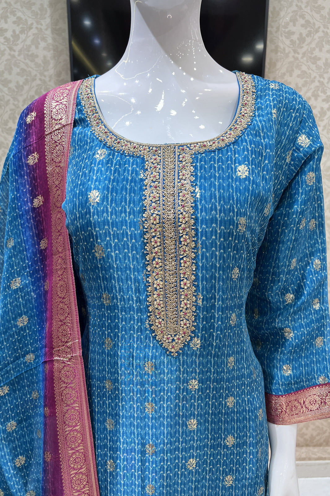 Indigo Blue Banaras and Sequins work Organza Straight Cut Salwar Suit