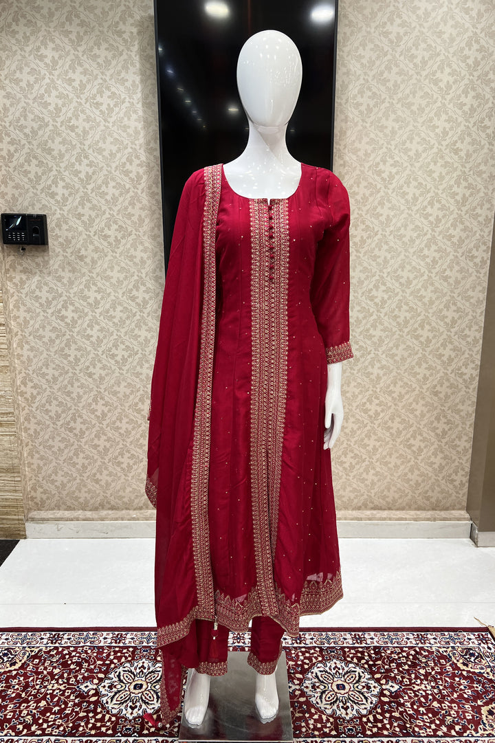 Rani Pink Zari, Thread and Sequins work Anarkali Style Salwar Suit