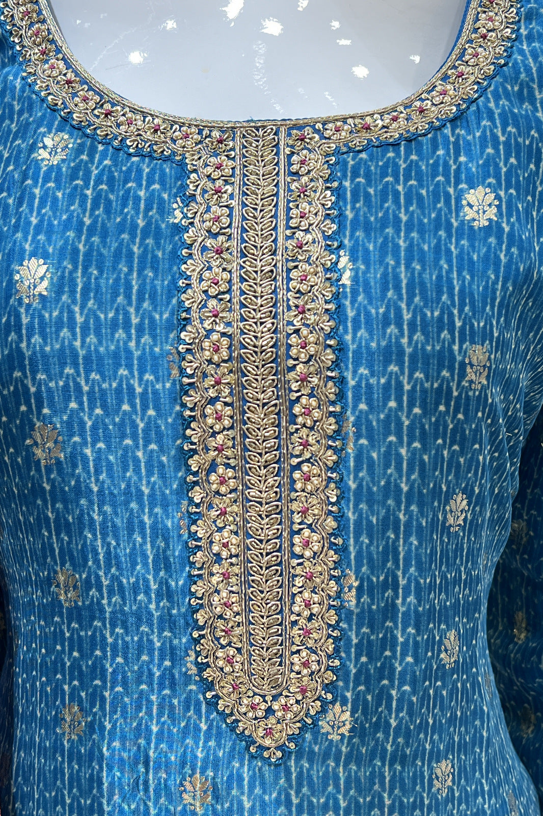 Indigo Blue Banaras and Sequins work Organza Straight Cut Salwar Suit