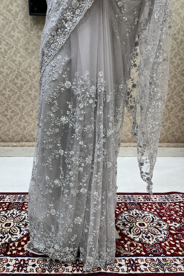 Grey Thread, Sequins and Stone work Saree with Matching Unstitched Blouse