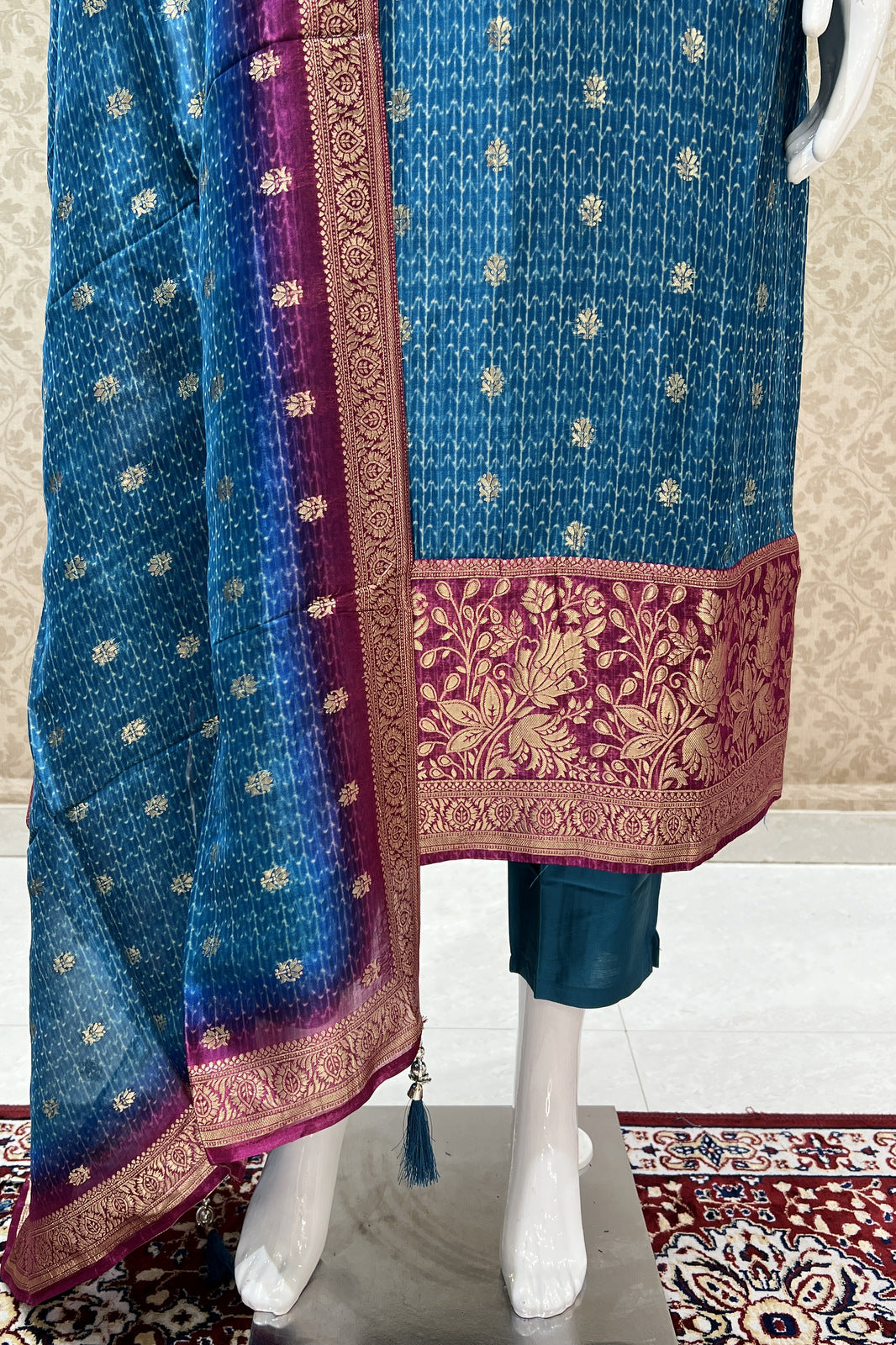 Indigo Blue Banaras and Sequins work Organza Straight Cut Salwar Suit