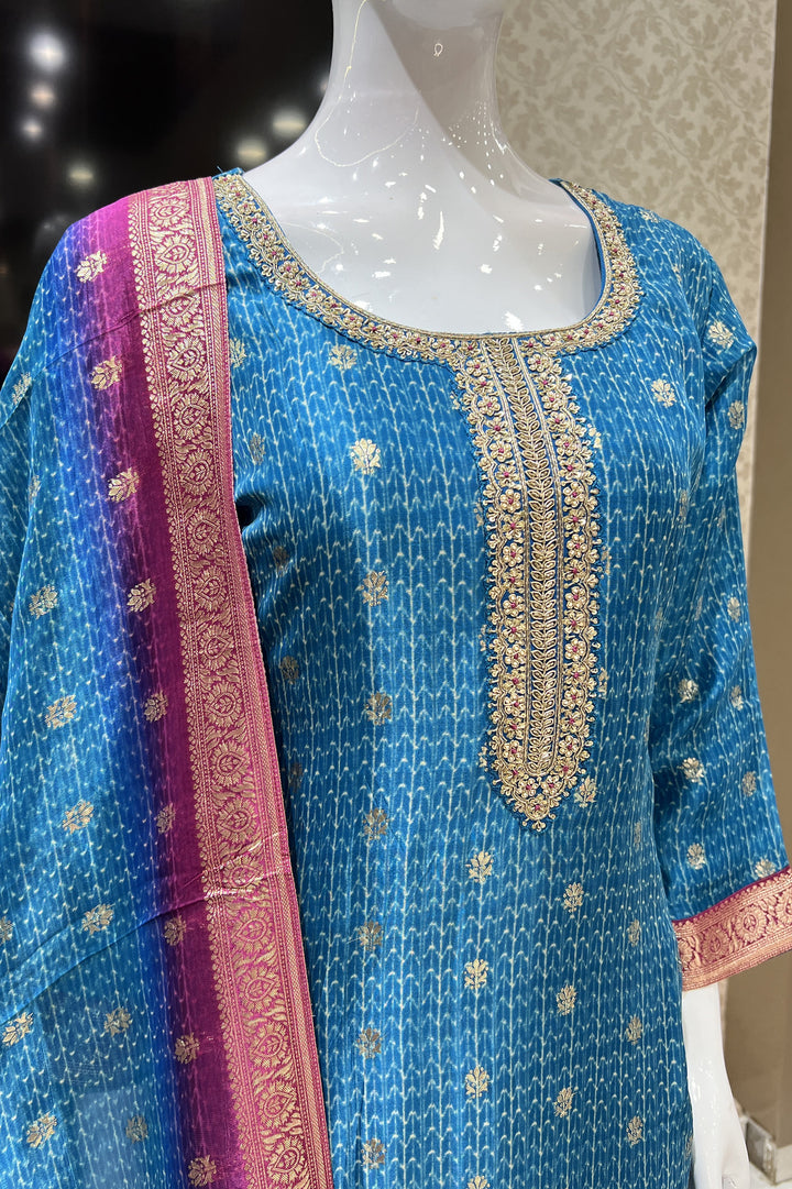 Indigo Blue Banaras and Sequins work Organza Straight Cut Salwar Suit