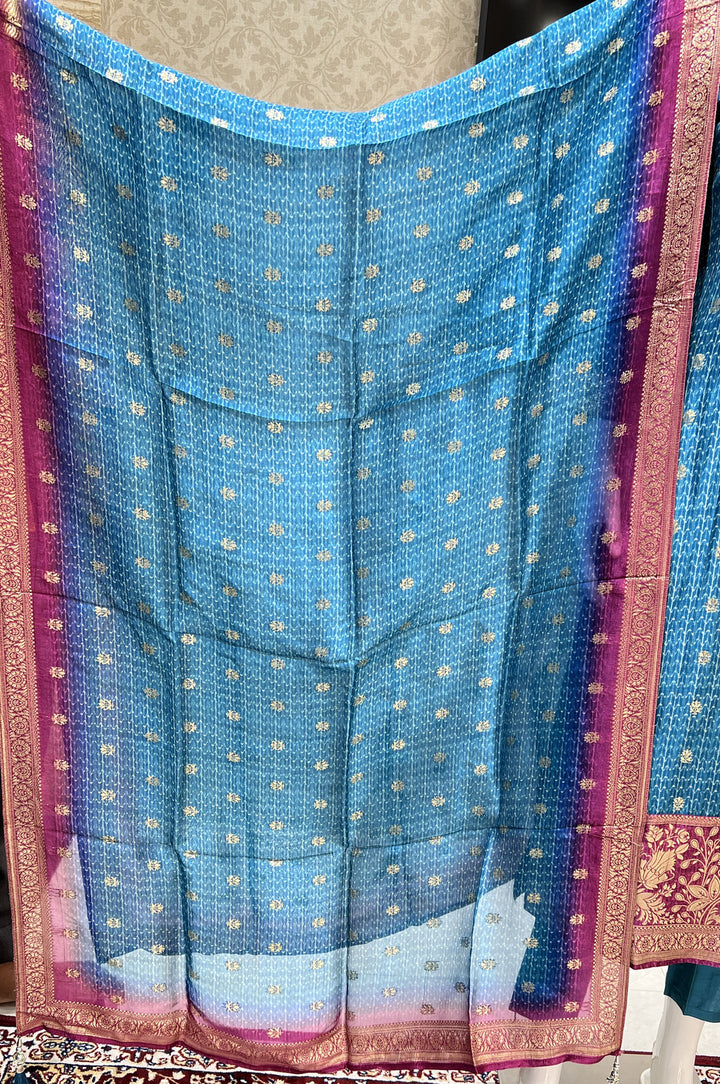 Indigo Blue Banaras and Sequins work Organza Straight Cut Salwar Suit