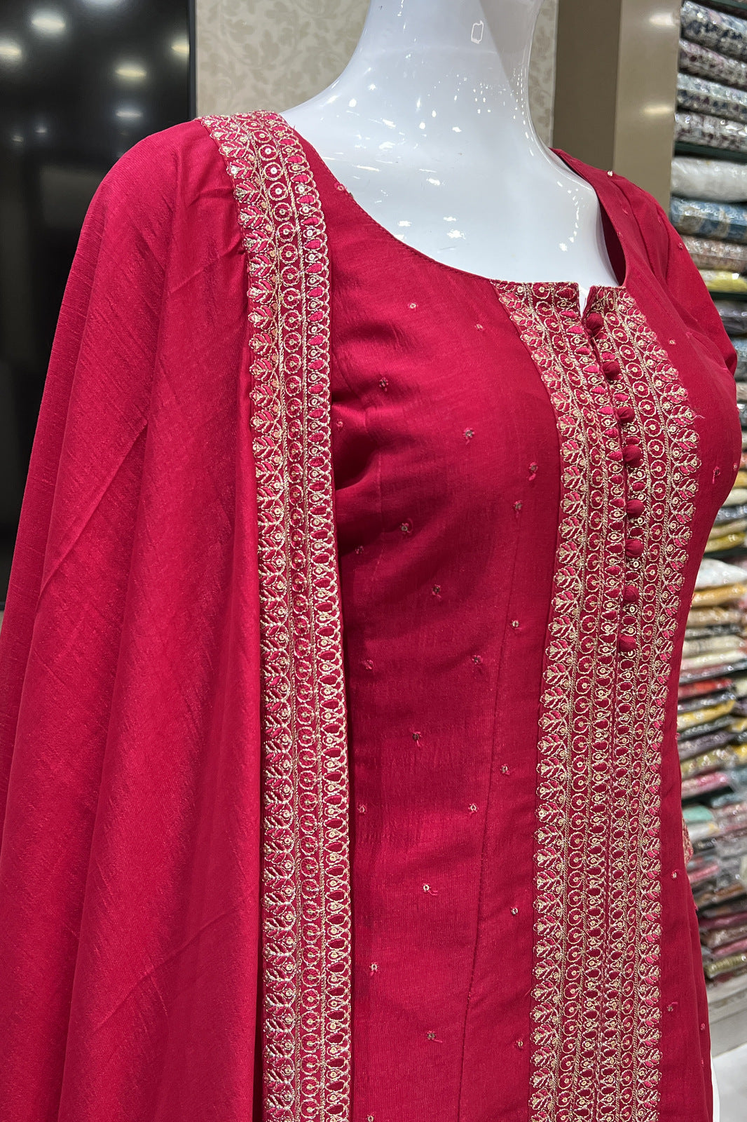 Rani Pink Zari, Thread and Sequins work Anarkali Style Salwar Suit