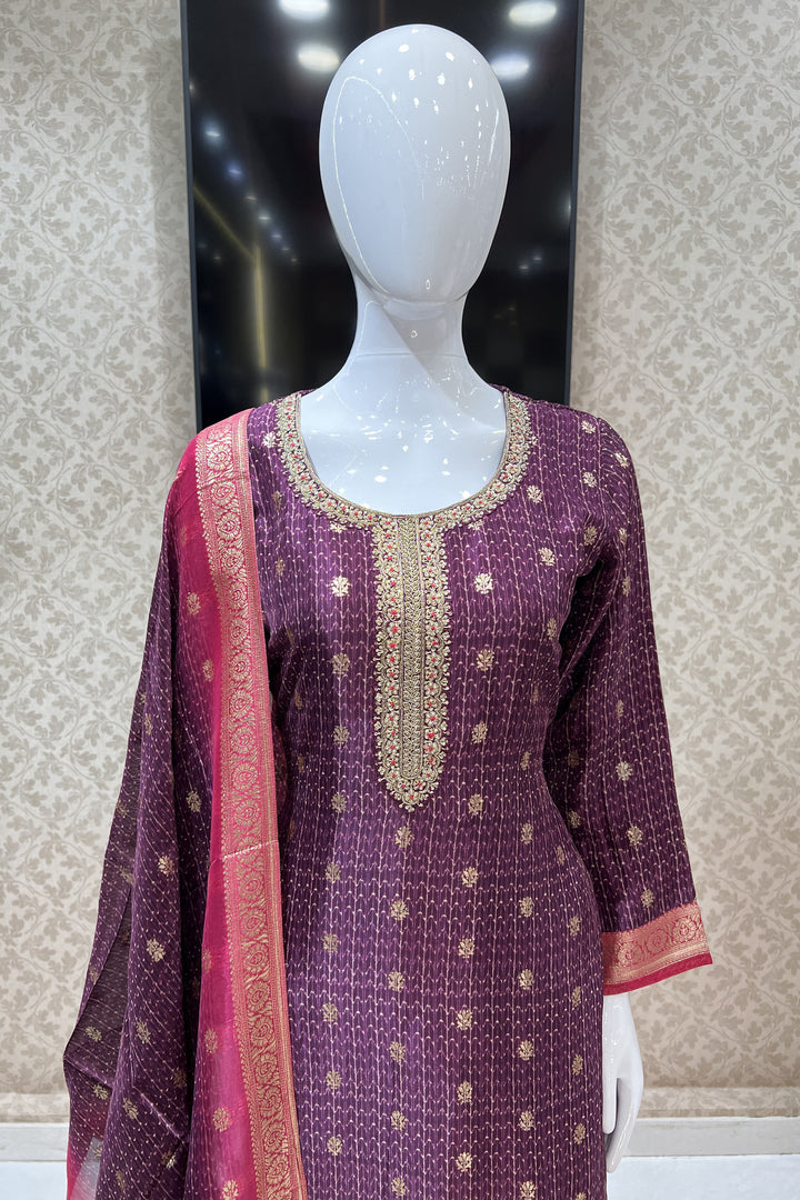 Purple Banaras and Sequins work Organza Straight Cut Salwar Suit