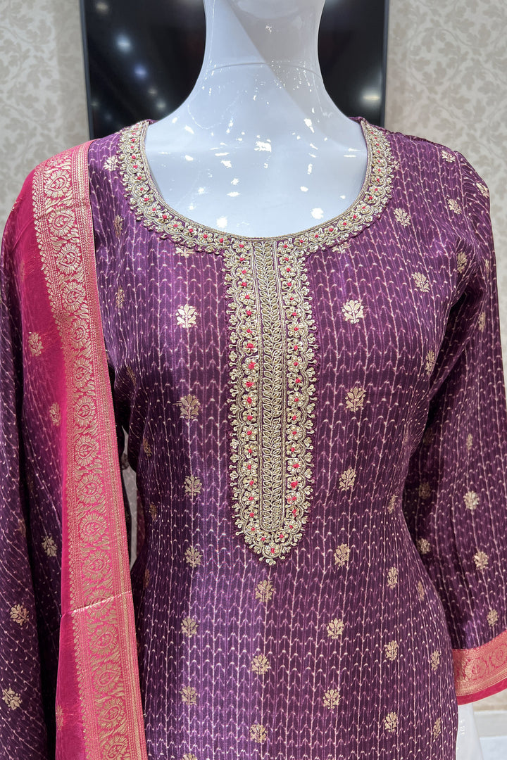 Purple Banaras and Sequins work Organza Straight Cut Salwar Suit