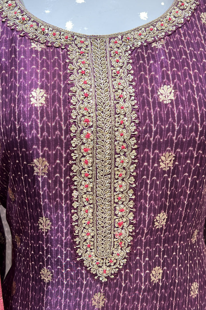 Purple Banaras and Sequins work Organza Straight Cut Salwar Suit