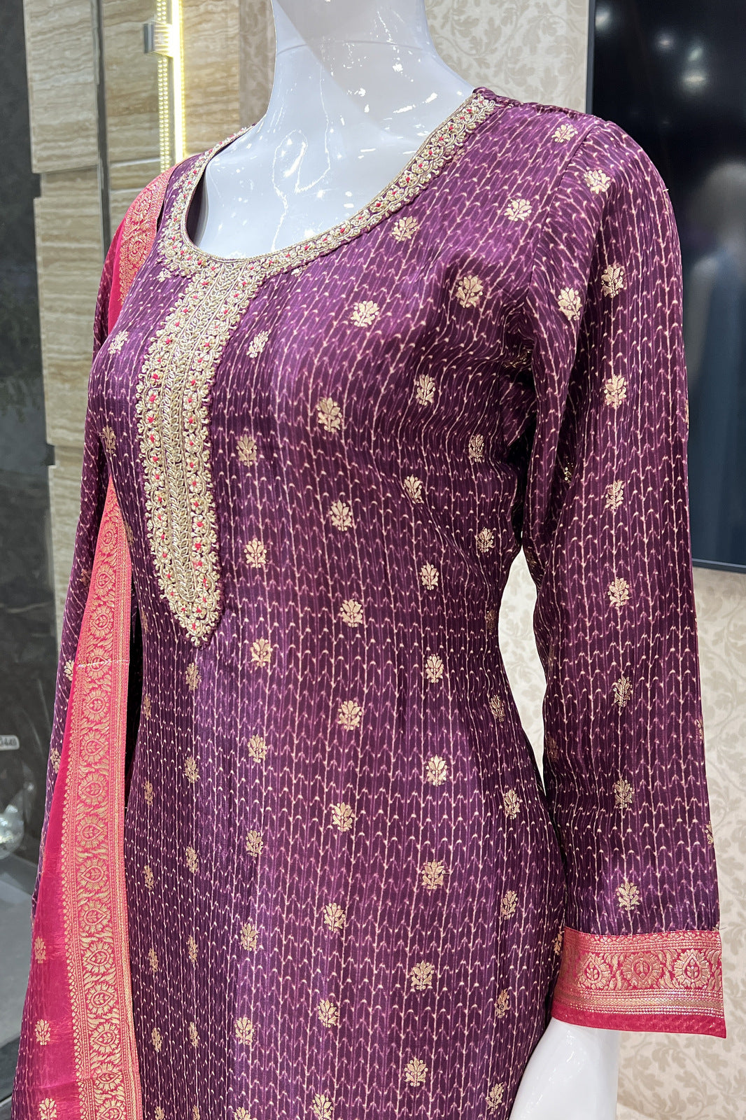 Purple Banaras and Sequins work Organza Straight Cut Salwar Suit