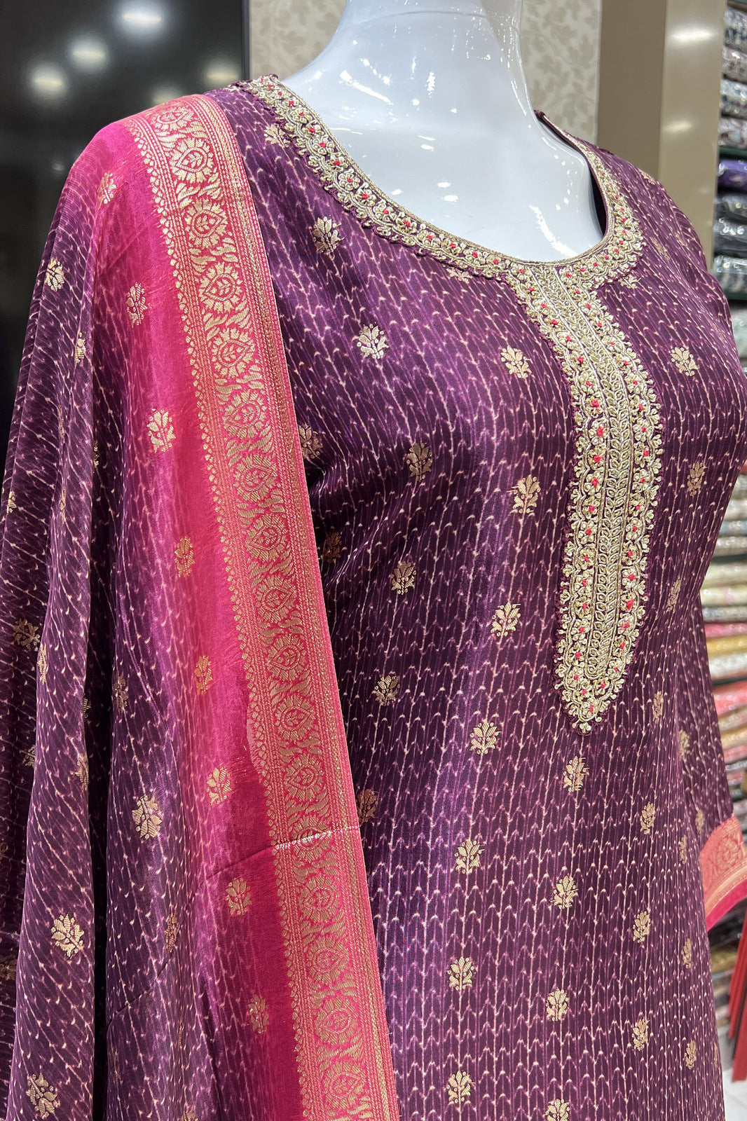 Purple Banaras and Sequins work Organza Straight Cut Salwar Suit