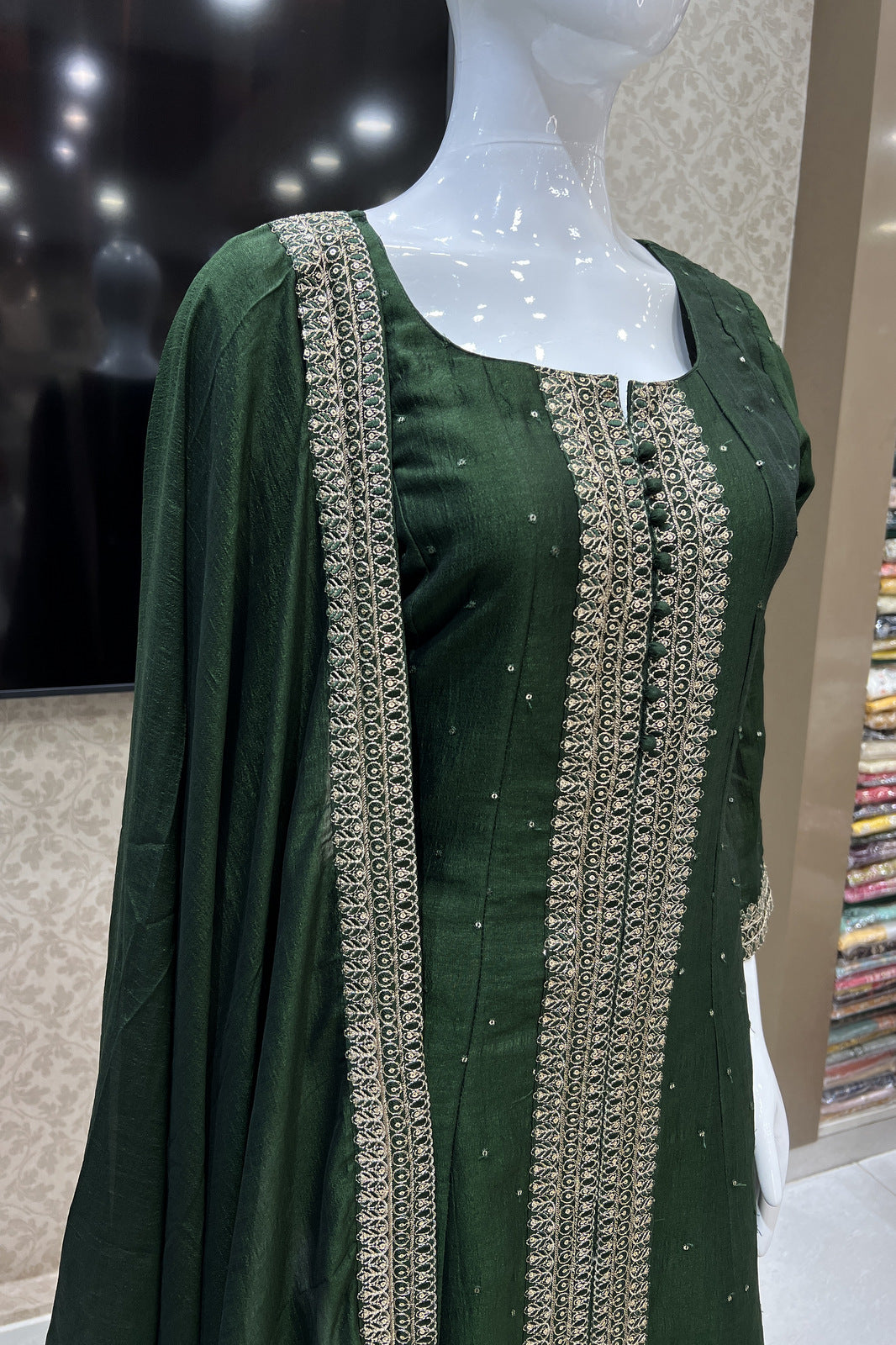 Bottle Green Zari, Thread and Sequins work Anarkali Style Salwar Suit