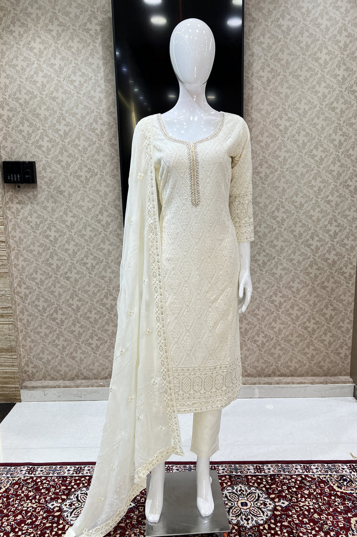 Cream Lucknowi, Stone, Sequins and Pearl work Straight Cut Salwar Suit