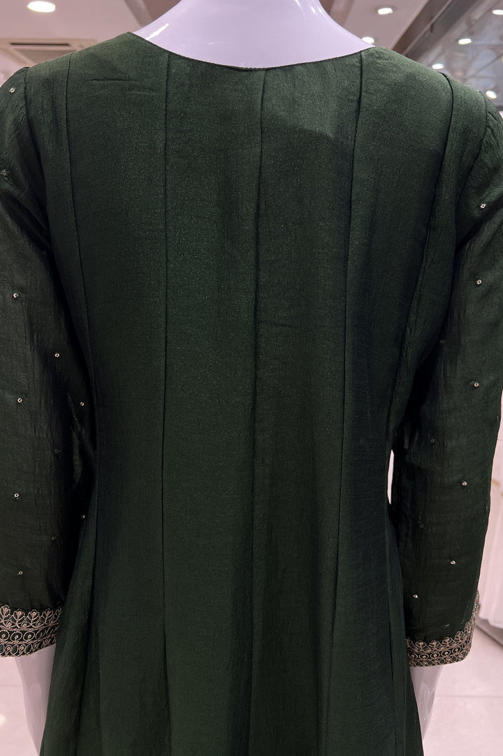 Bottle Green Zari, Thread and Sequins work Anarkali Style Salwar Suit