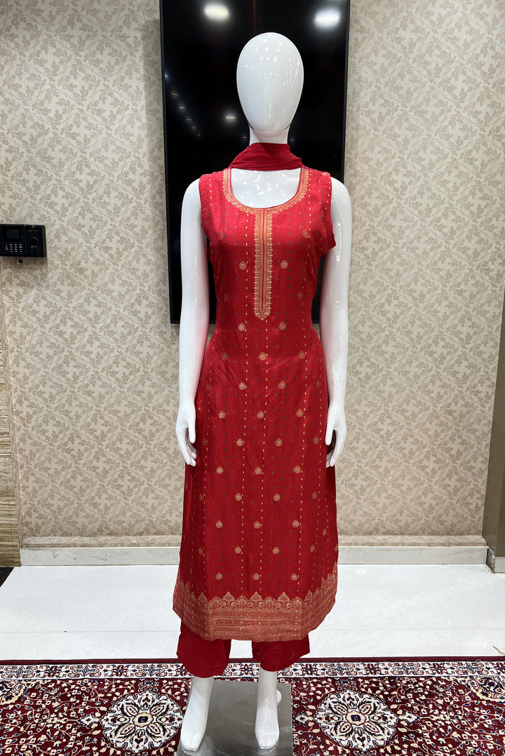 Red Banaras work with Digital Print Straight Cut Salwar Suit