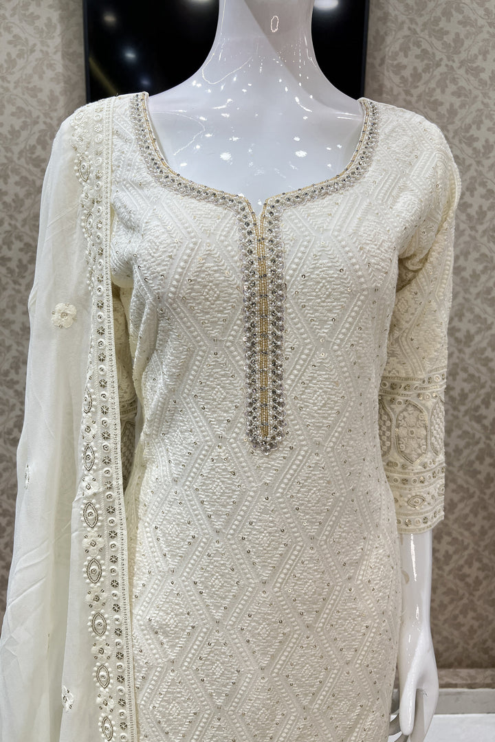 Cream Lucknowi, Stone, Sequins and Pearl work Straight Cut Salwar Suit