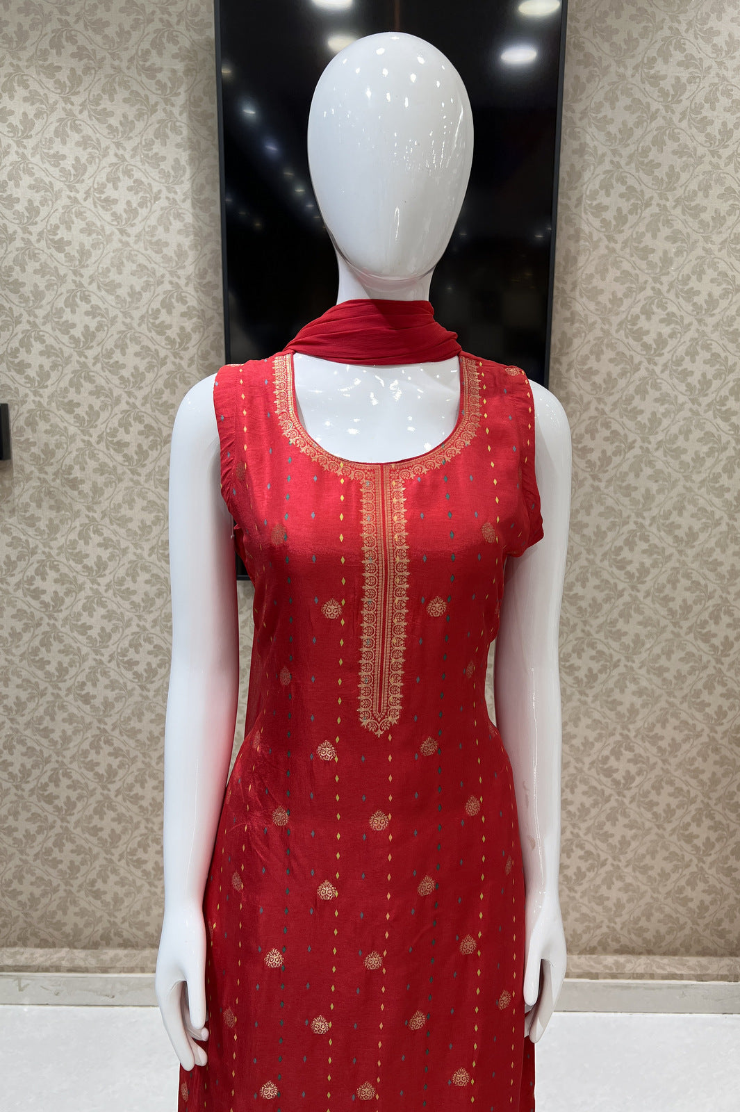 Red Banaras work with Digital Print Straight Cut Salwar Suit