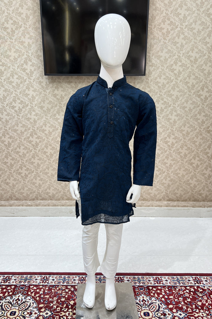 Teal Blue with White Thread and Sequins work Kurta Set for Boys