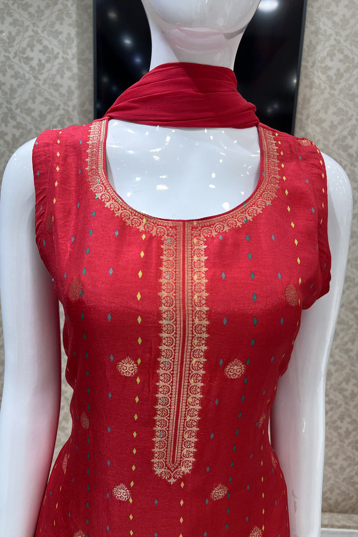 Red Banaras work with Digital Print Straight Cut Salwar Suit