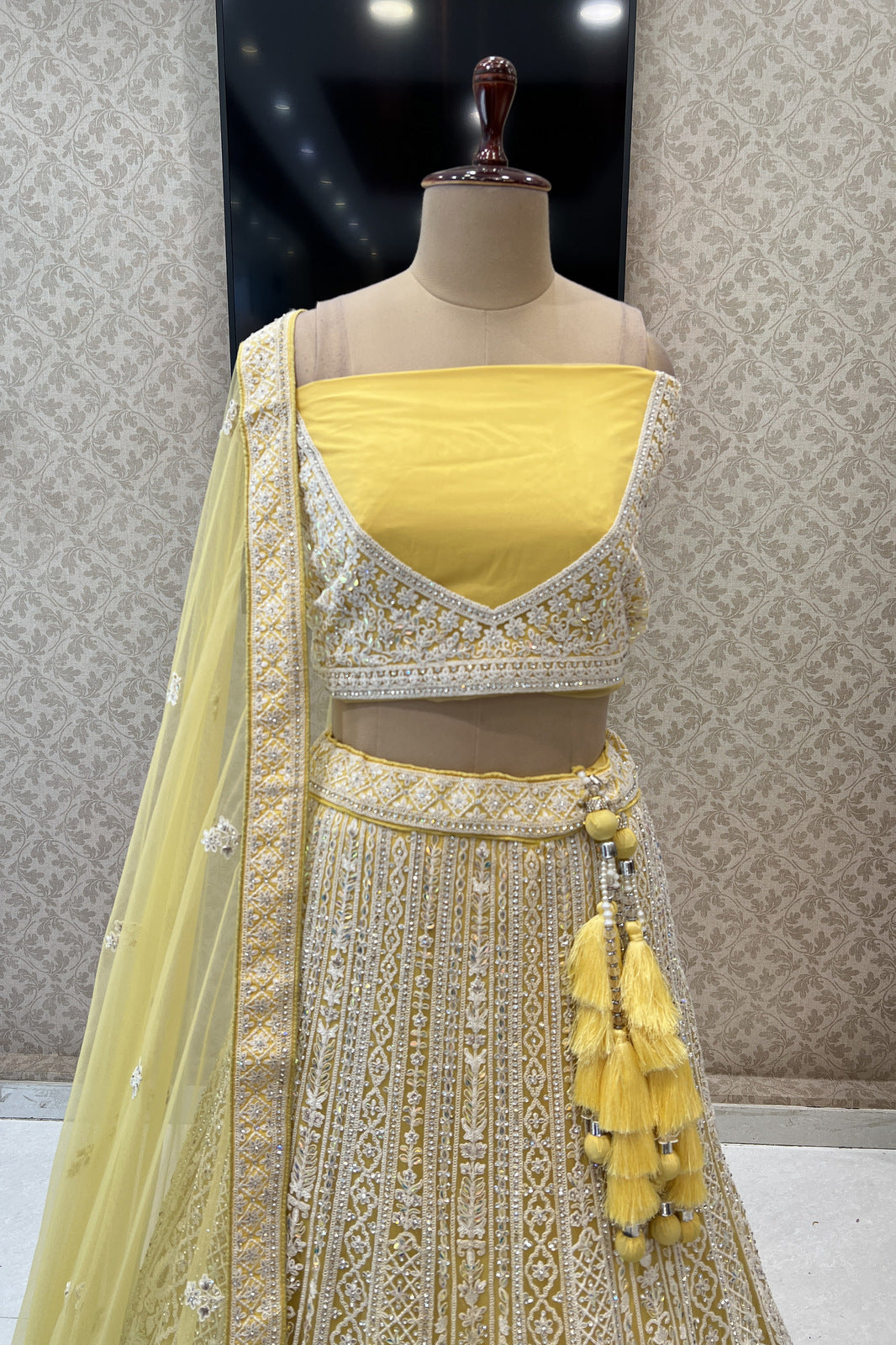 Yellow Lucknowi and Stone work Semi Stitched Designer Bridal Lehenga