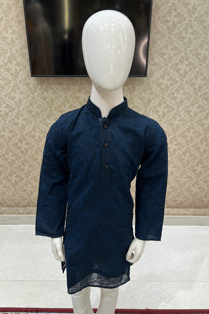 Teal Blue with White Thread and Sequins work Kurta Set for Boys