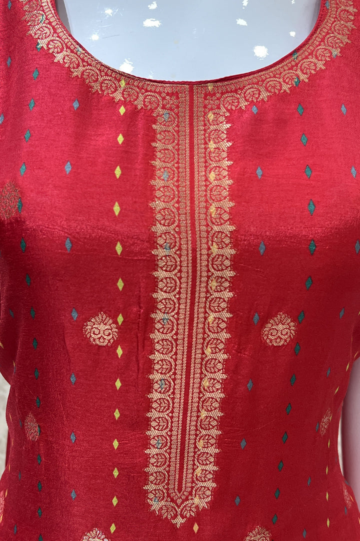 Red Banaras work with Digital Print Straight Cut Salwar Suit