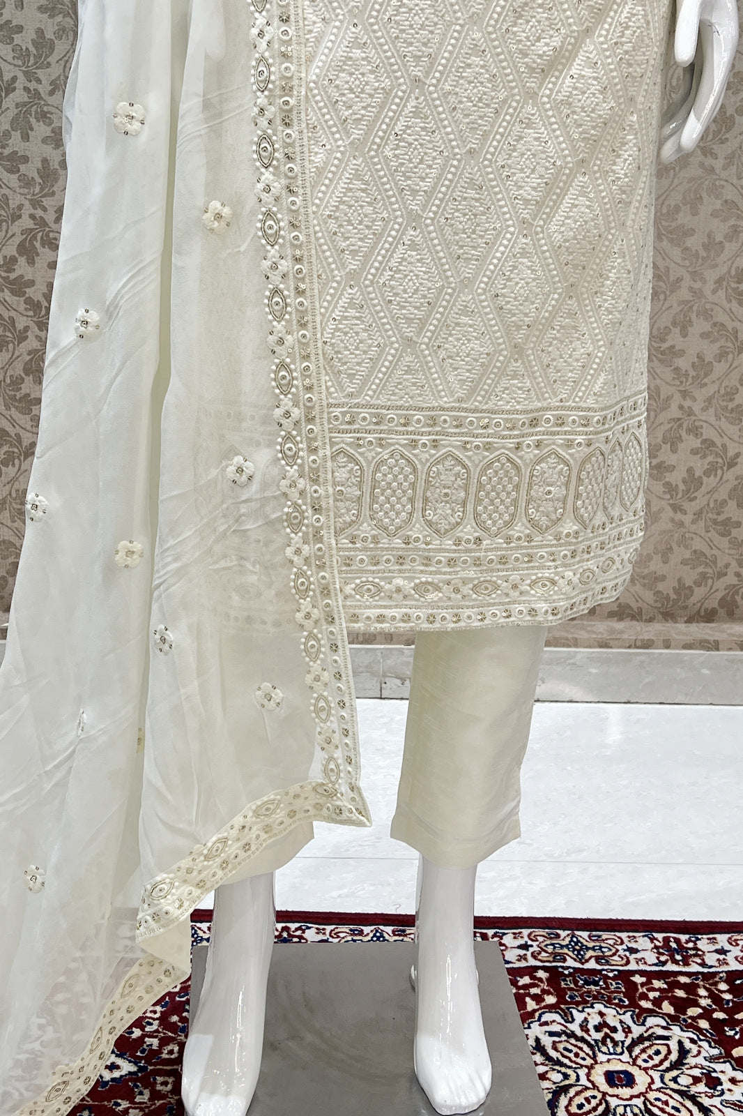 Cream Lucknowi, Stone, Sequins and Pearl work Straight Cut Salwar Suit