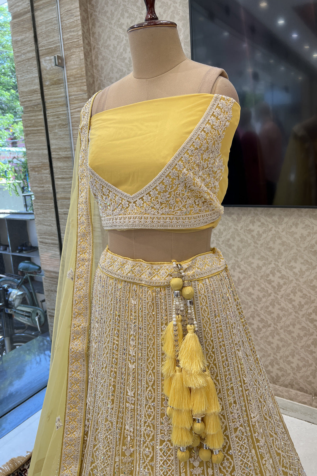 Yellow Lucknowi and Stone work Semi Stitched Designer Bridal Lehenga