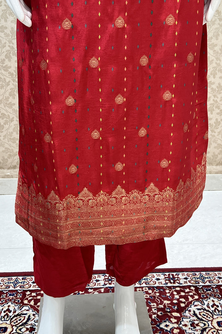 Red Banaras work with Digital Print Straight Cut Salwar Suit