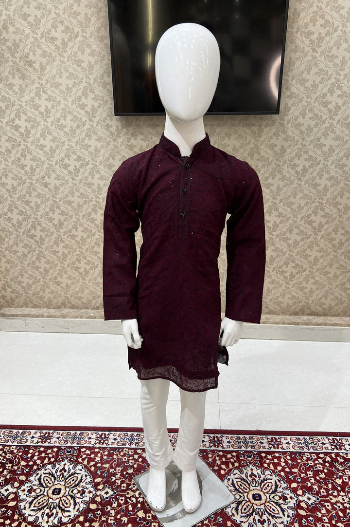 Wine with White Thread and Sequins work Kurta Set for Boys