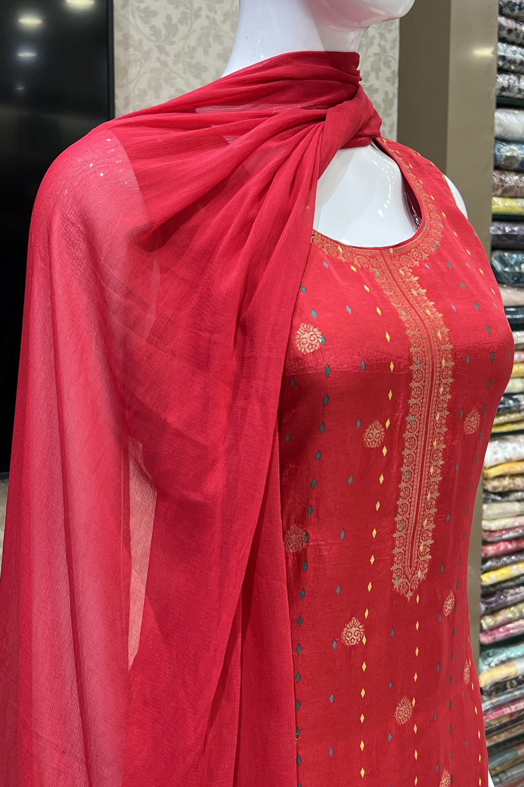 Red Banaras work with Digital Print Straight Cut Salwar Suit