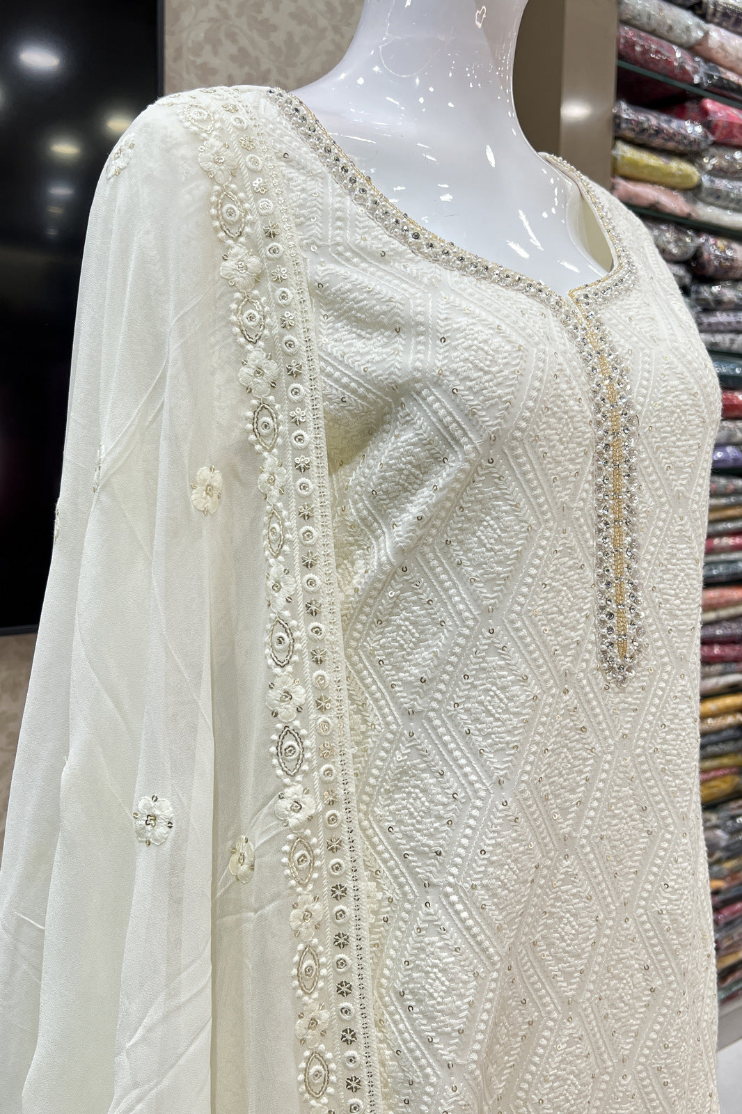 Cream Lucknowi, Stone, Sequins and Pearl work Straight Cut Salwar Suit