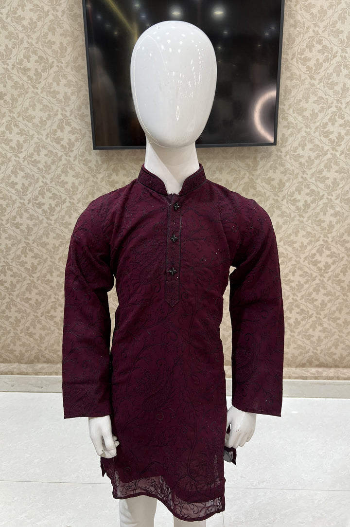 Wine with White Thread and Sequins work Kurta Set for Boys