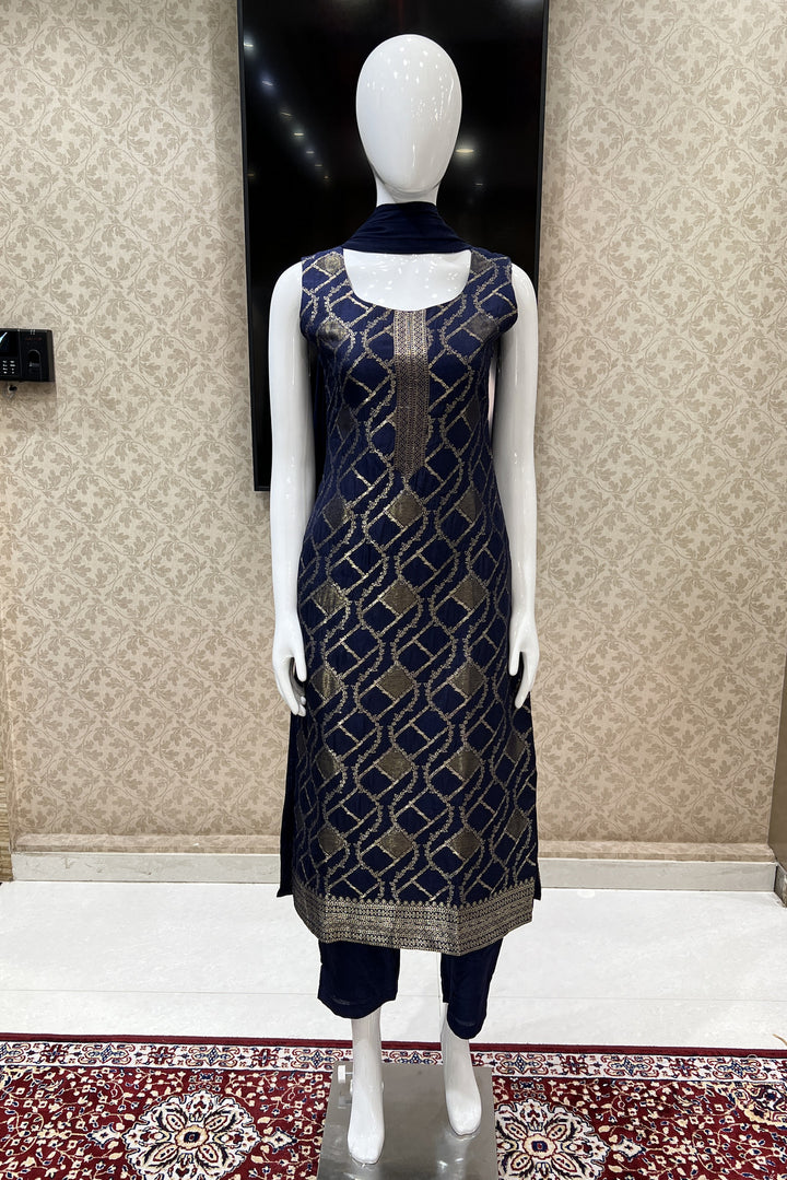 Navy Blue Banaras work Straight Cut Salwar Suit