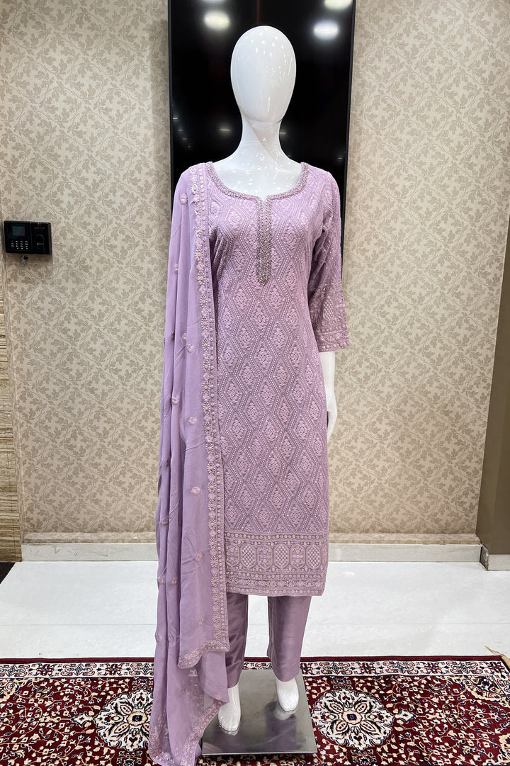 Lavender Lucknowi, Stone, Sequins and Pearl work Straight Cut Salwar Suit