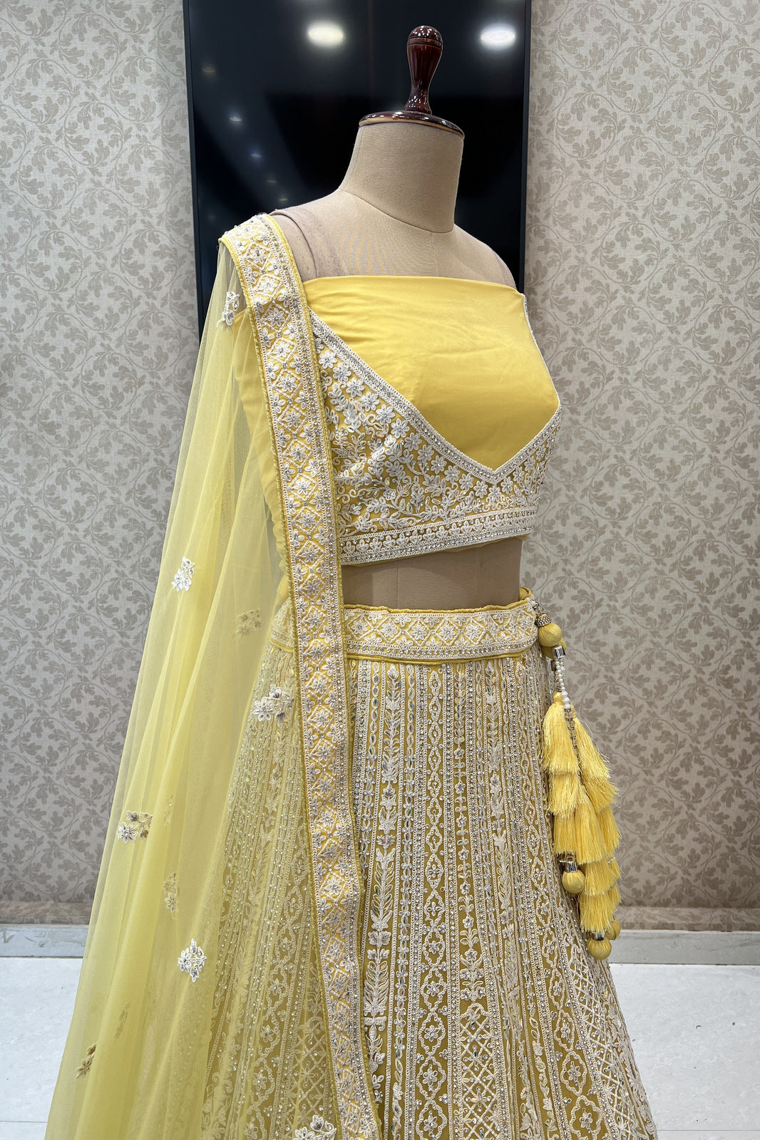 Yellow Lucknowi and Stone work Semi Stitched Designer Bridal Lehenga