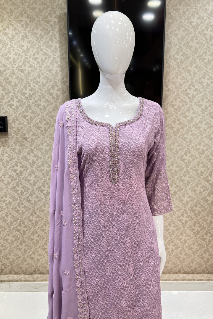 Lavender Lucknowi, Stone, Sequins and Pearl work Straight Cut Salwar Suit