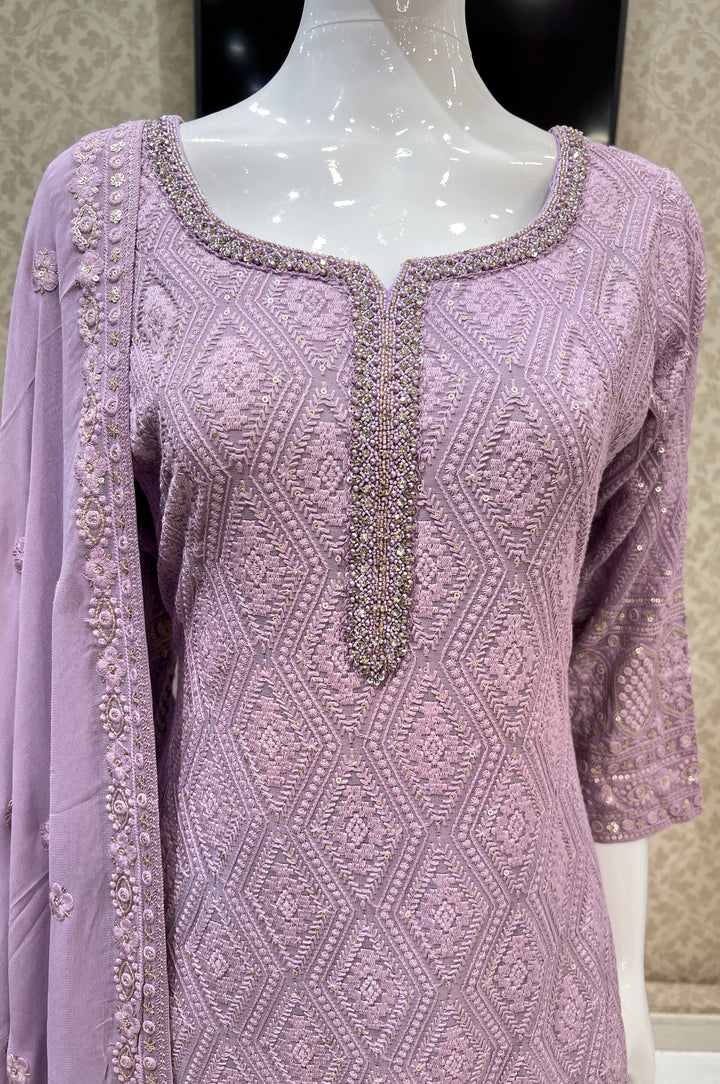 Lavender Lucknowi, Stone, Sequins and Pearl work Straight Cut Salwar Suit