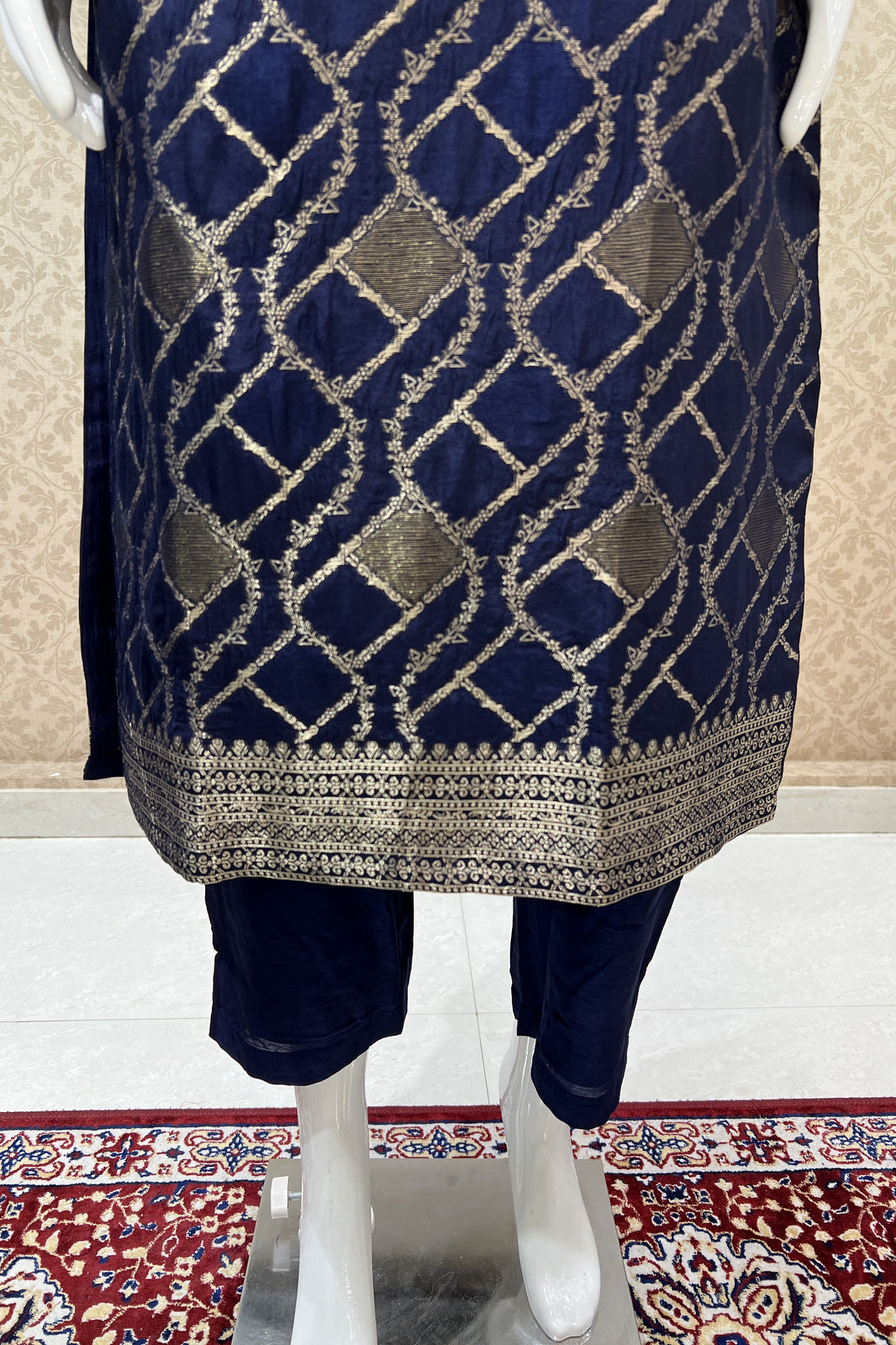 Navy Blue Banaras work Straight Cut Salwar Suit