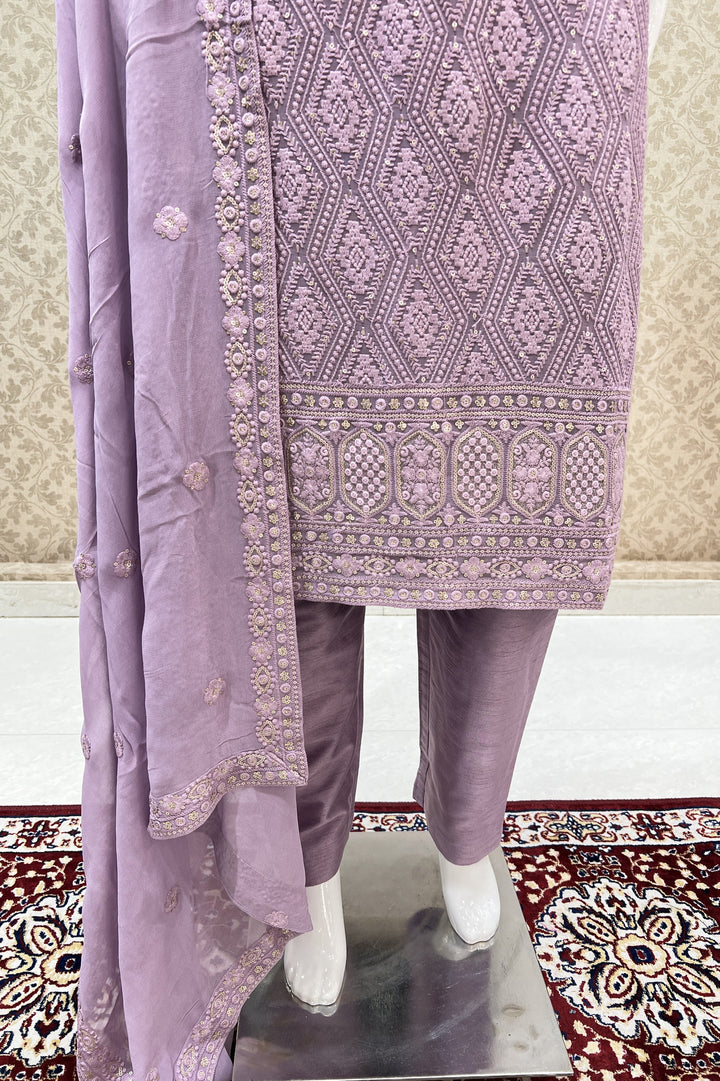 Lavender Lucknowi, Stone, Sequins and Pearl work Straight Cut Salwar Suit