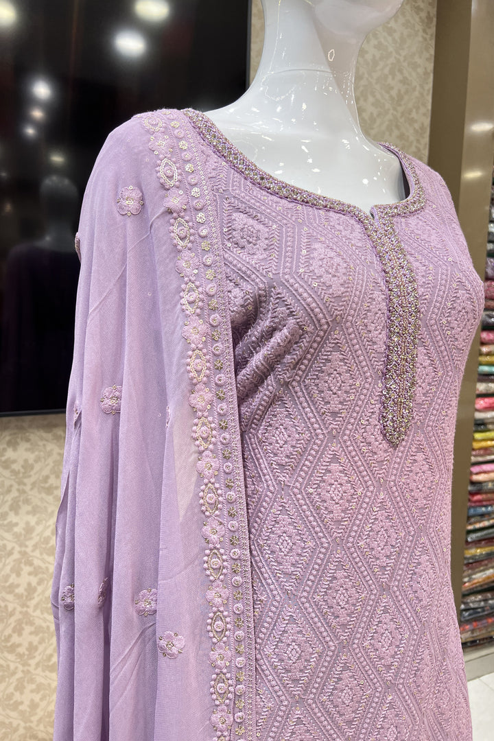 Lavender Lucknowi, Stone, Sequins and Pearl work Straight Cut Salwar Suit