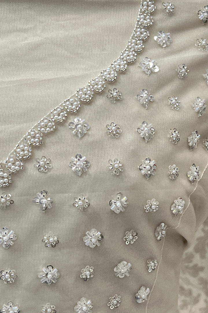 Cream Pearl, Sequins and Beads work Semi Stitched Designer Bridal Lehenga